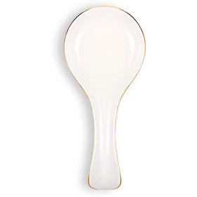 Patelai ceramic spoon rest, side view, elegant white surface with gold trim