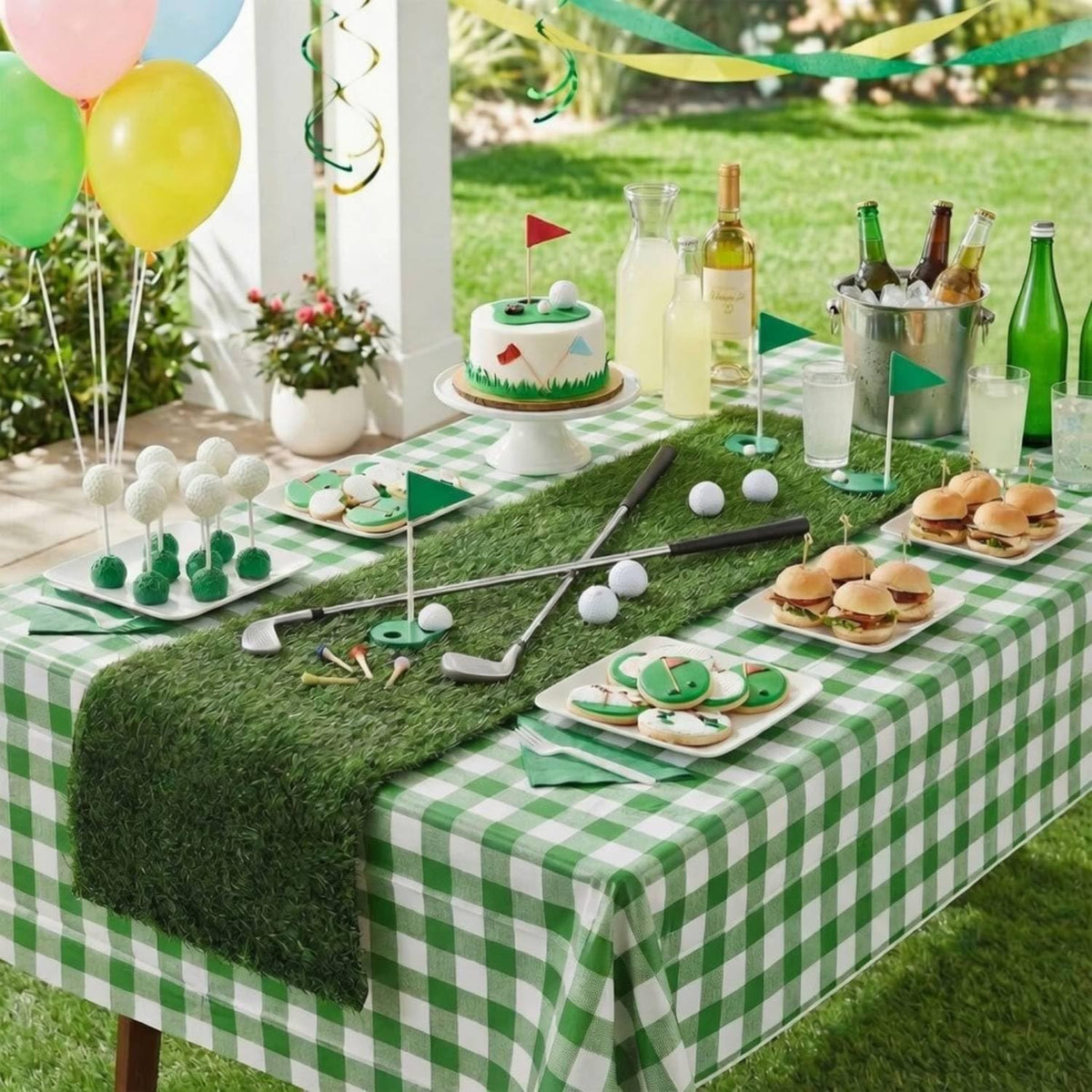 Patelai green and white checkered tablecloth enhances golf party tables