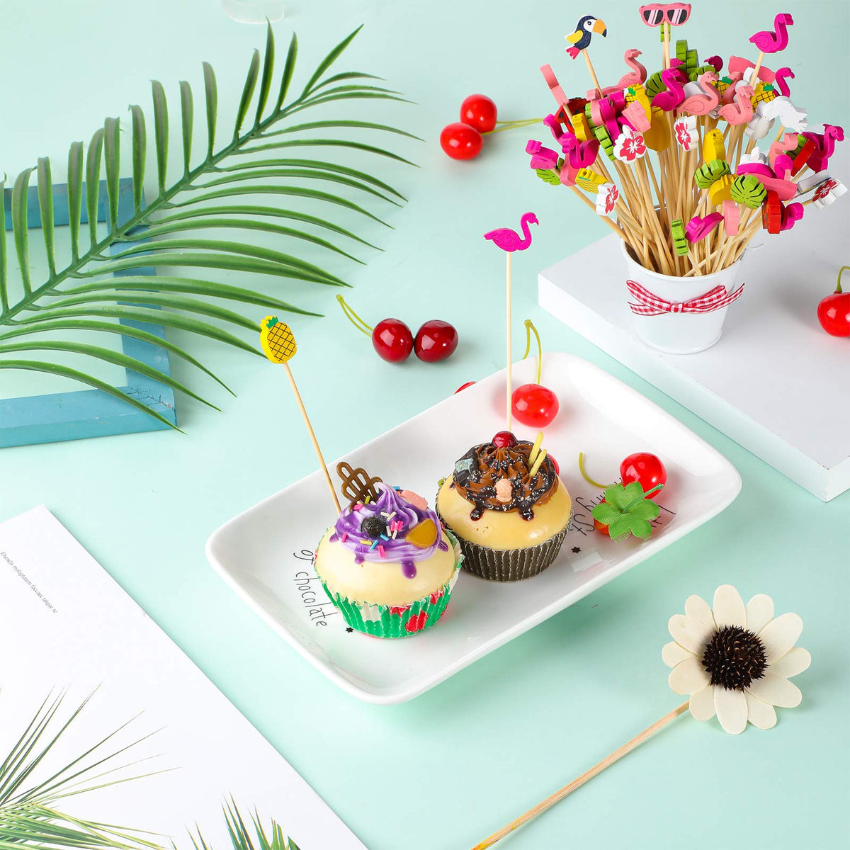 Patelai Luau Picks palm leaf motif adding tropical flair to drinks and bites.