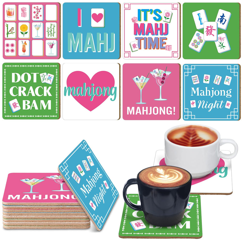 Patelai Mahjong coasters eight-piece set with varied designs protect surfaces during game night.