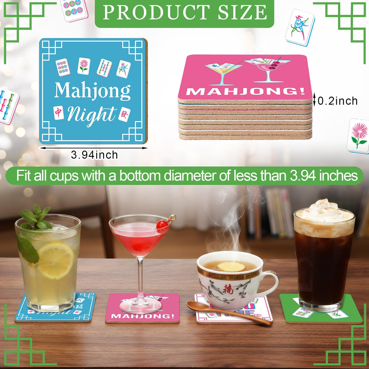 Patelai Mahjong coasters cork material absorbs moisture for clean tables.