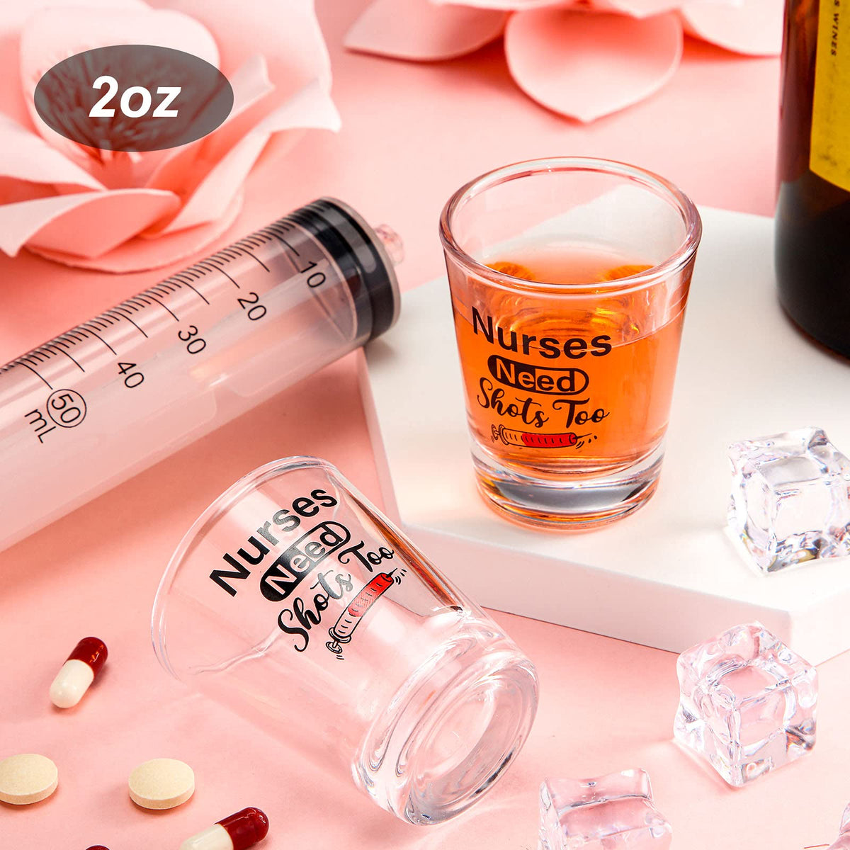 Patelai Nurse Need Shots Too glass side view, sturdy 2oz cup for daily drinks.