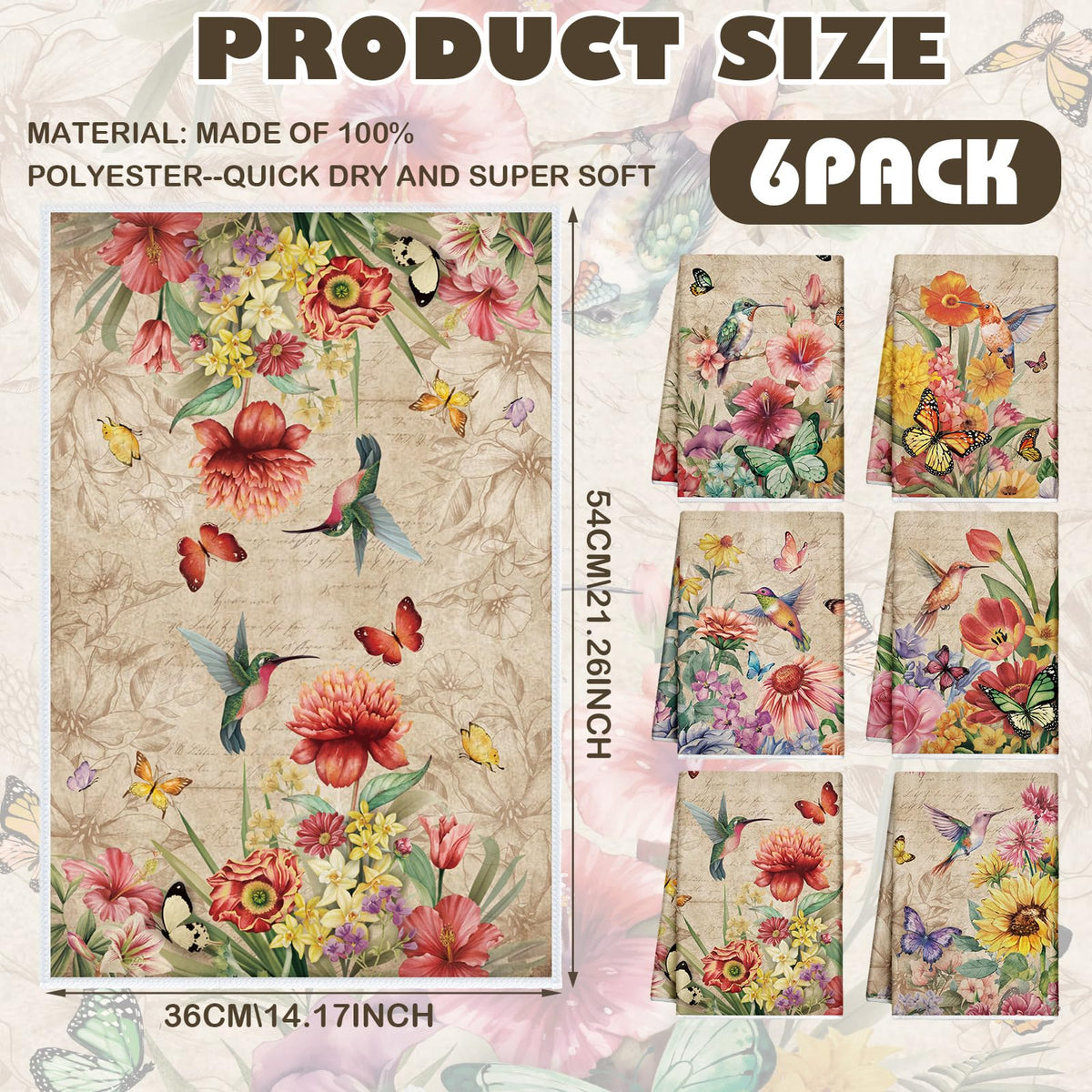 Patelai vintage flowers towel featuring hummingbirds, ideal for spring cleanup and decorative touches.