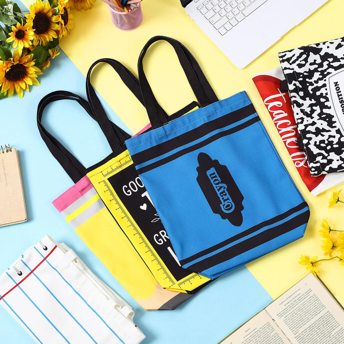 Paterr teacher tote with notebook motif, reliable storage for books and devices.