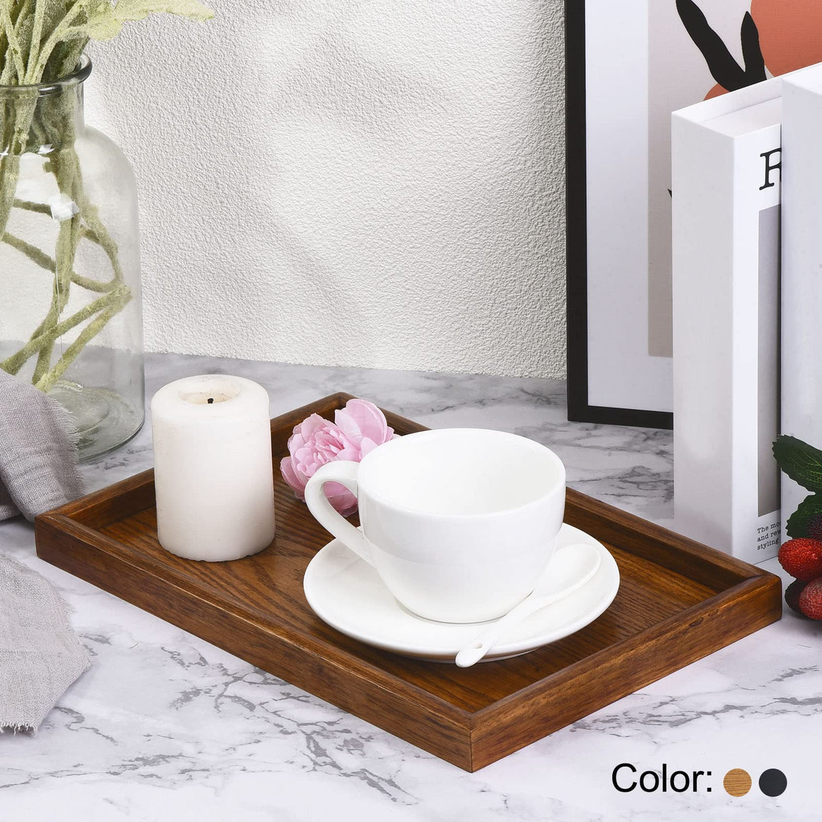 PATIKIL wood serving tray candle display creates warm centerpiece for gatherings.