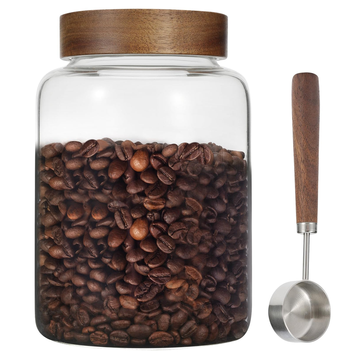 Patoper large glass coffee jar with wood lid clearly displays contents for easy coffee storage.