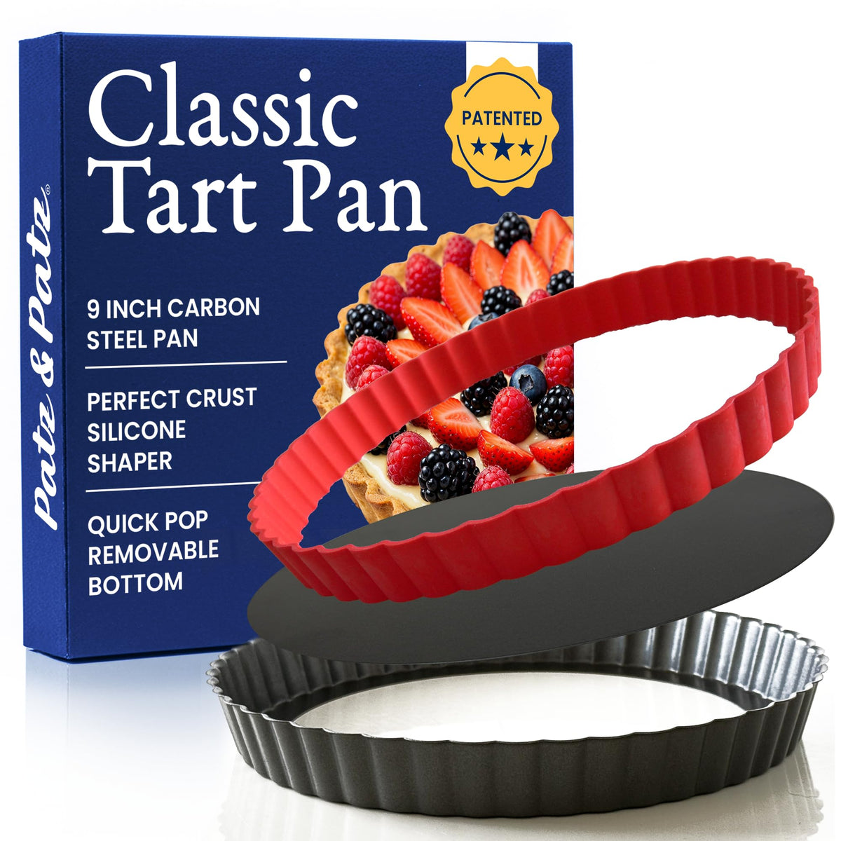 Patz&Patz classic 9-inch tart pan with removable bottom for clean crust release