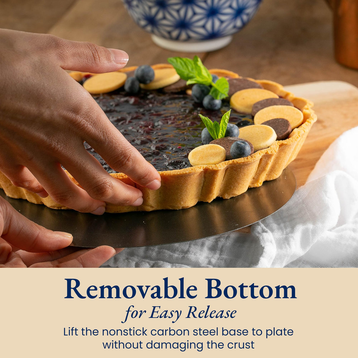 Patz&Patz tart pan showing removable bottom for clean release.