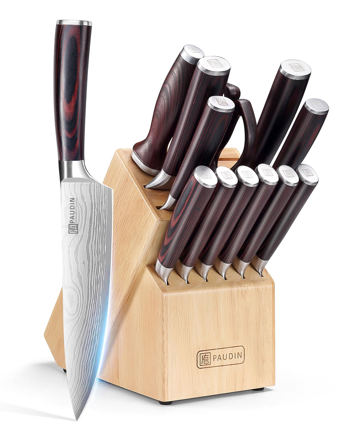 PAUDIN 14-piece knife set with block for organized kitchen prep.