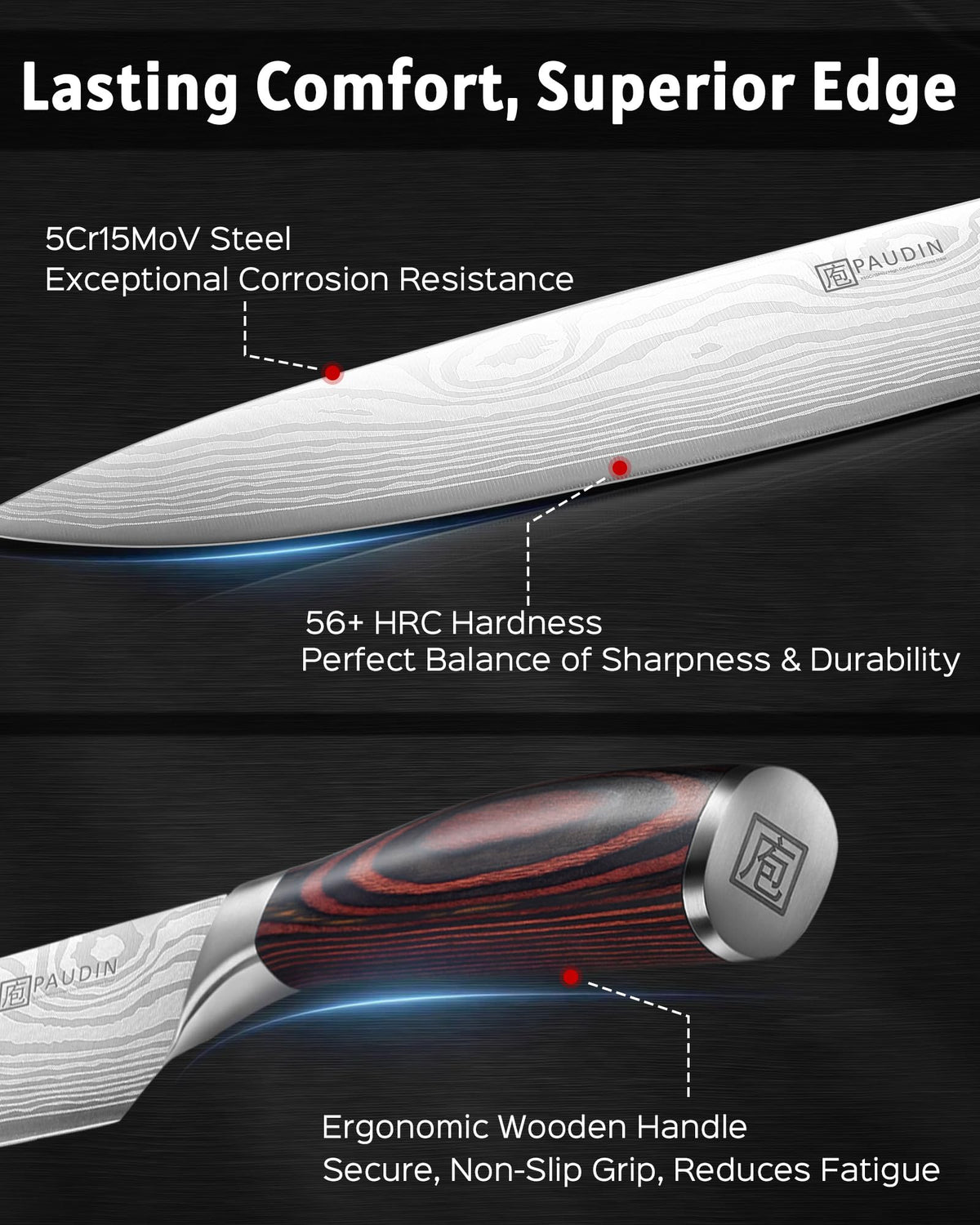 PAUDIN 8-inch bread knife with serrated edge for easy crust cutting.