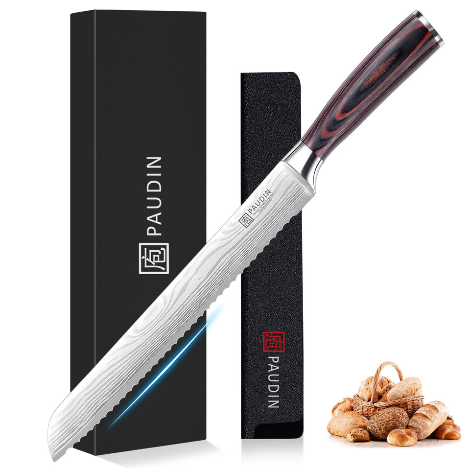 PAUDIN bread knife with 10-inch serrated blade slicing crusty bread precisely.