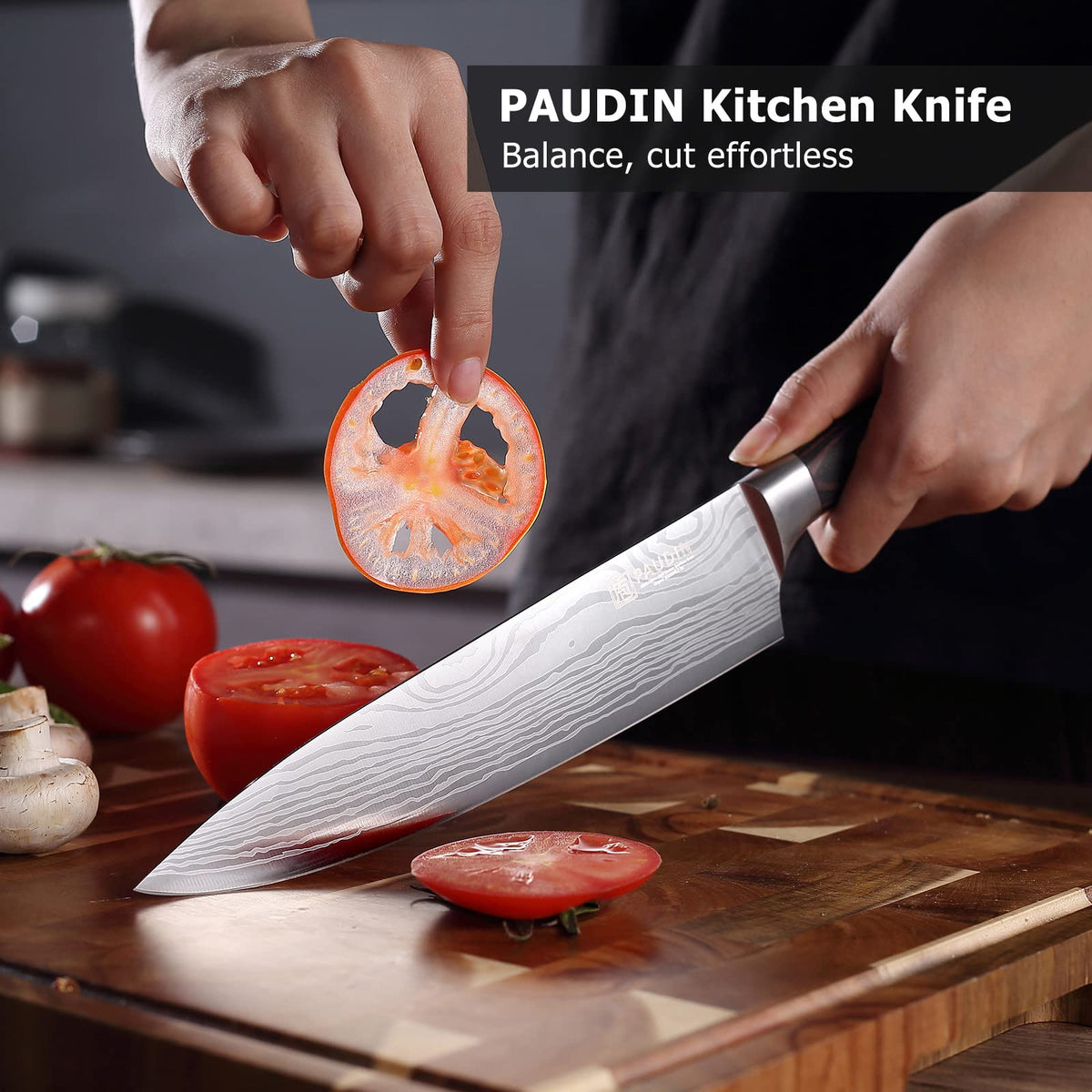 PAUDIN 8-inch blade in action for chopping, slicing, and dicing tasks.