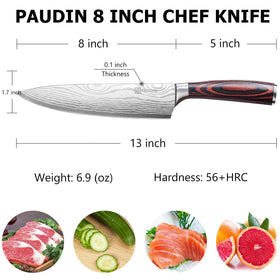 PAUDIN chef knife ergonomic handle for comfortable grip and control.