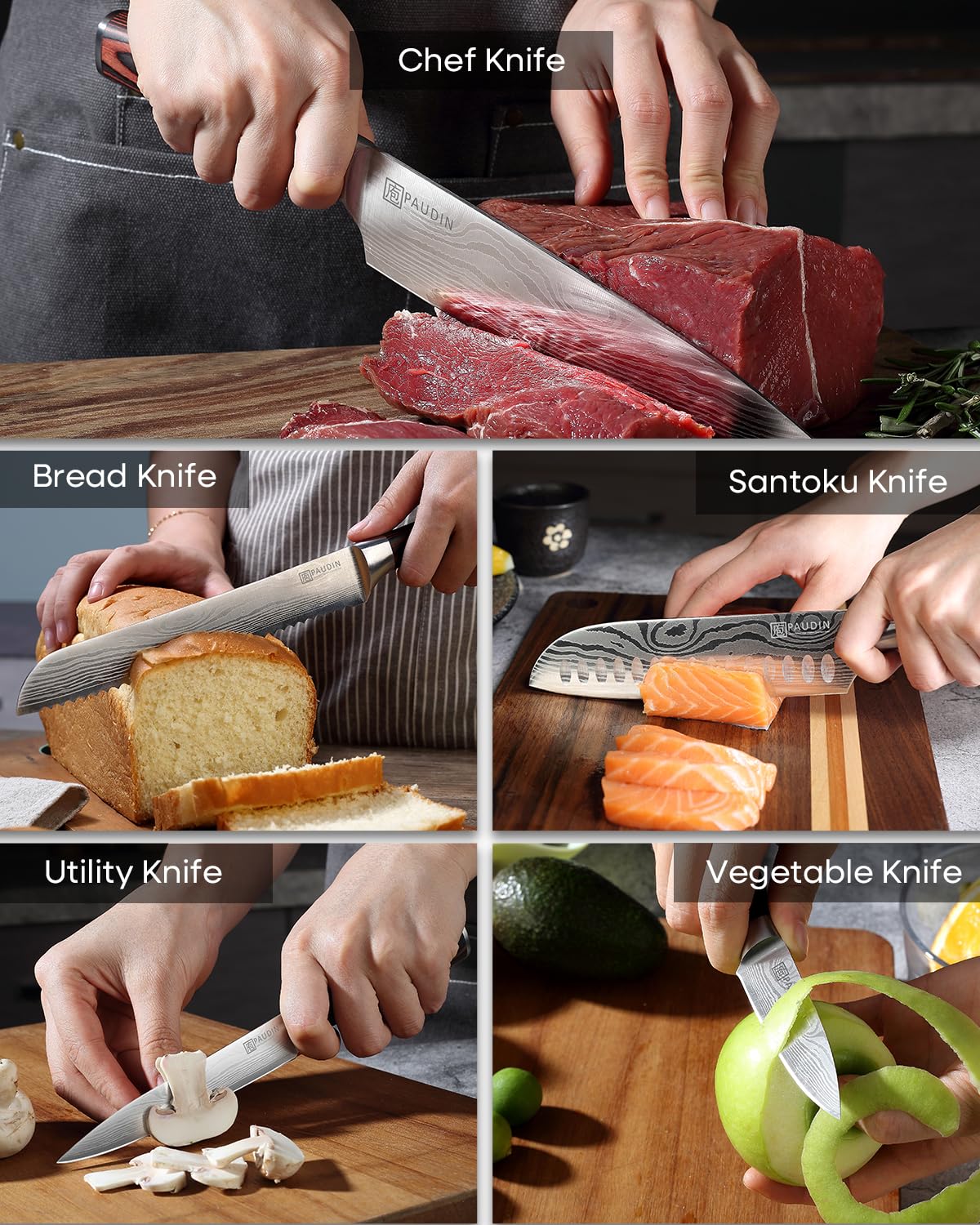 PAUDIN knife set pakkawood handle promotes balanced comfortable grip.