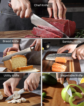 PAUDIN knife set pakkawood handle promotes balanced comfortable grip.