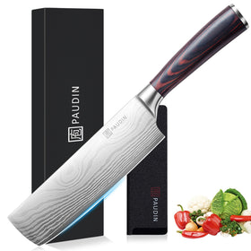 PAUDIN Nakiri 7-inch blade closeup showing a sharp edge for precise slicing.