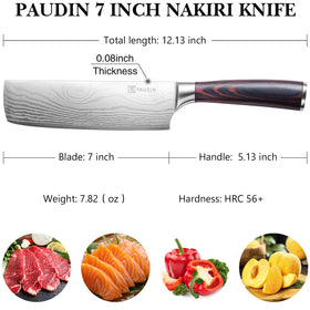 PAUDIN Nakiri 7-inch ergonomic pakkawood handle for comfortable prep.