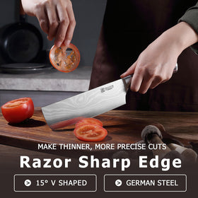 PAUDIN Nakiri 7-inch wave pattern design reduces friction during chopping.