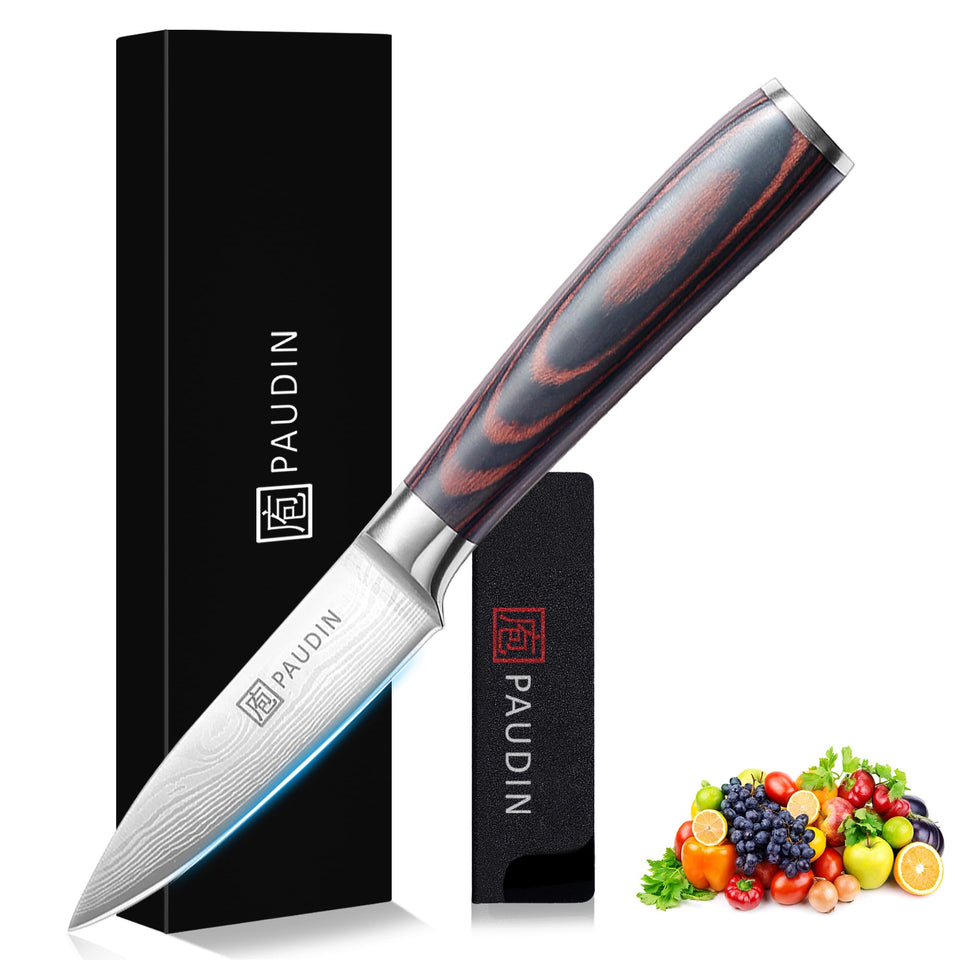 PAUDIN paring knife blade close-up for precise tip control during peeling.