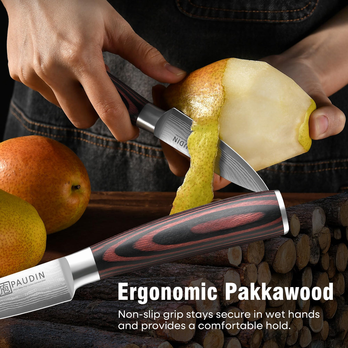PAUDIN paring knife blade pattern highlighting durability of stainless steel.
