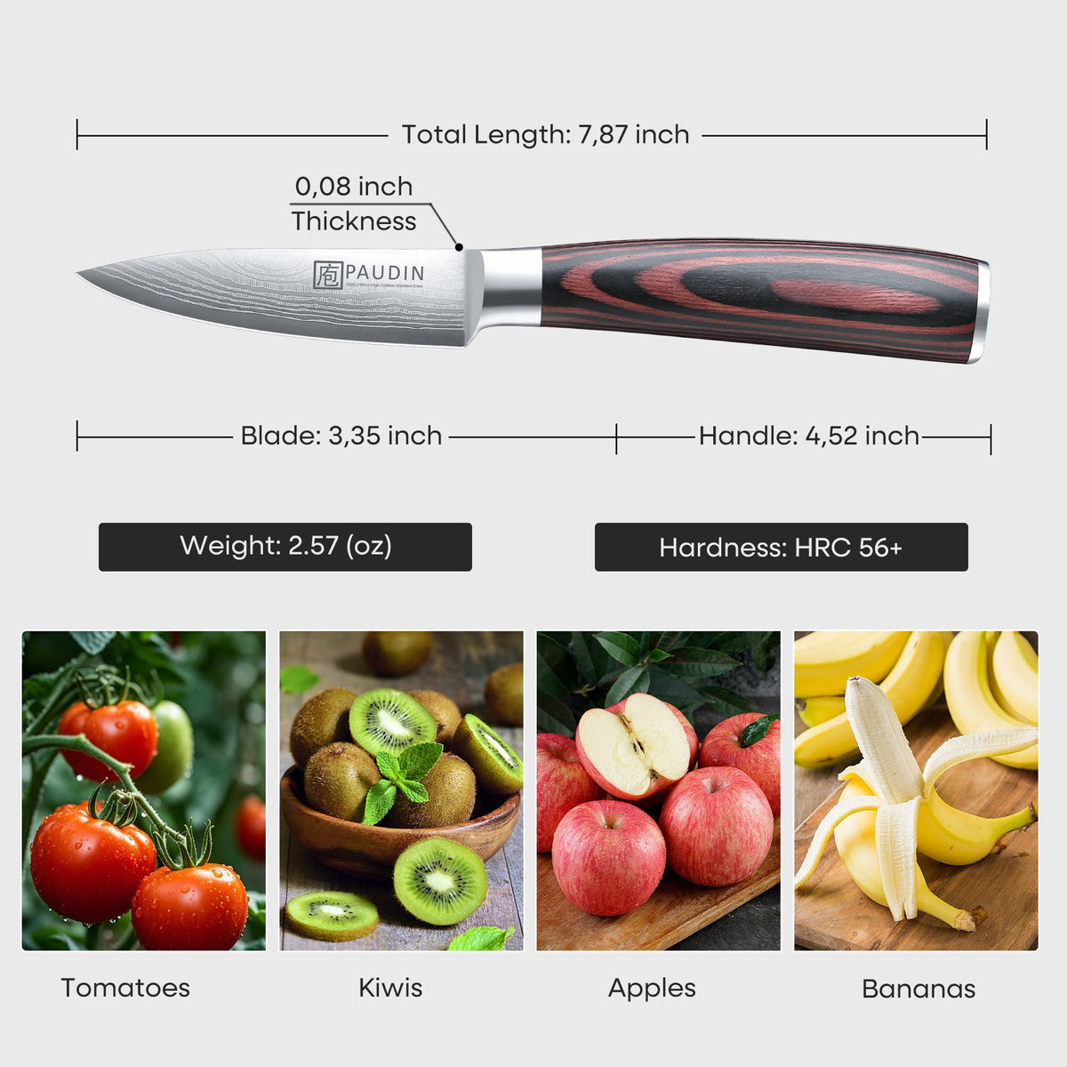 PAUDIN paring knife with pakkawood handle shown for a comfortable, non-slip grip.