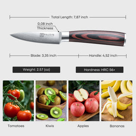 PAUDIN paring knife with pakkawood handle shown for a comfortable, non-slip grip.