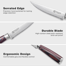 PAUDIN steak knives 6-piece set serrated blade closeup showing edge sharpness