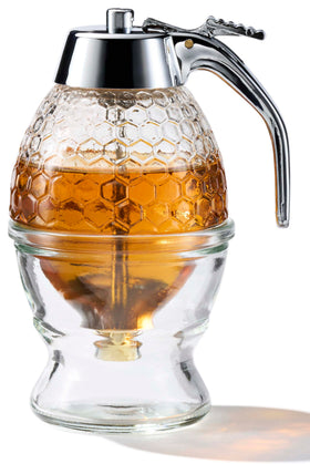 PAULSWAY honey dispenser with glass jar showing no-drip pour for neat servings