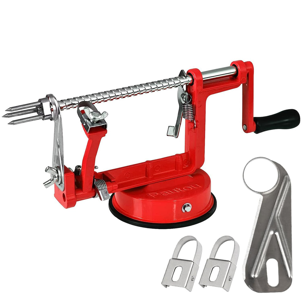 Pautou Apple Peeler 3in1 red showing fast peeling, coring and slicing.
