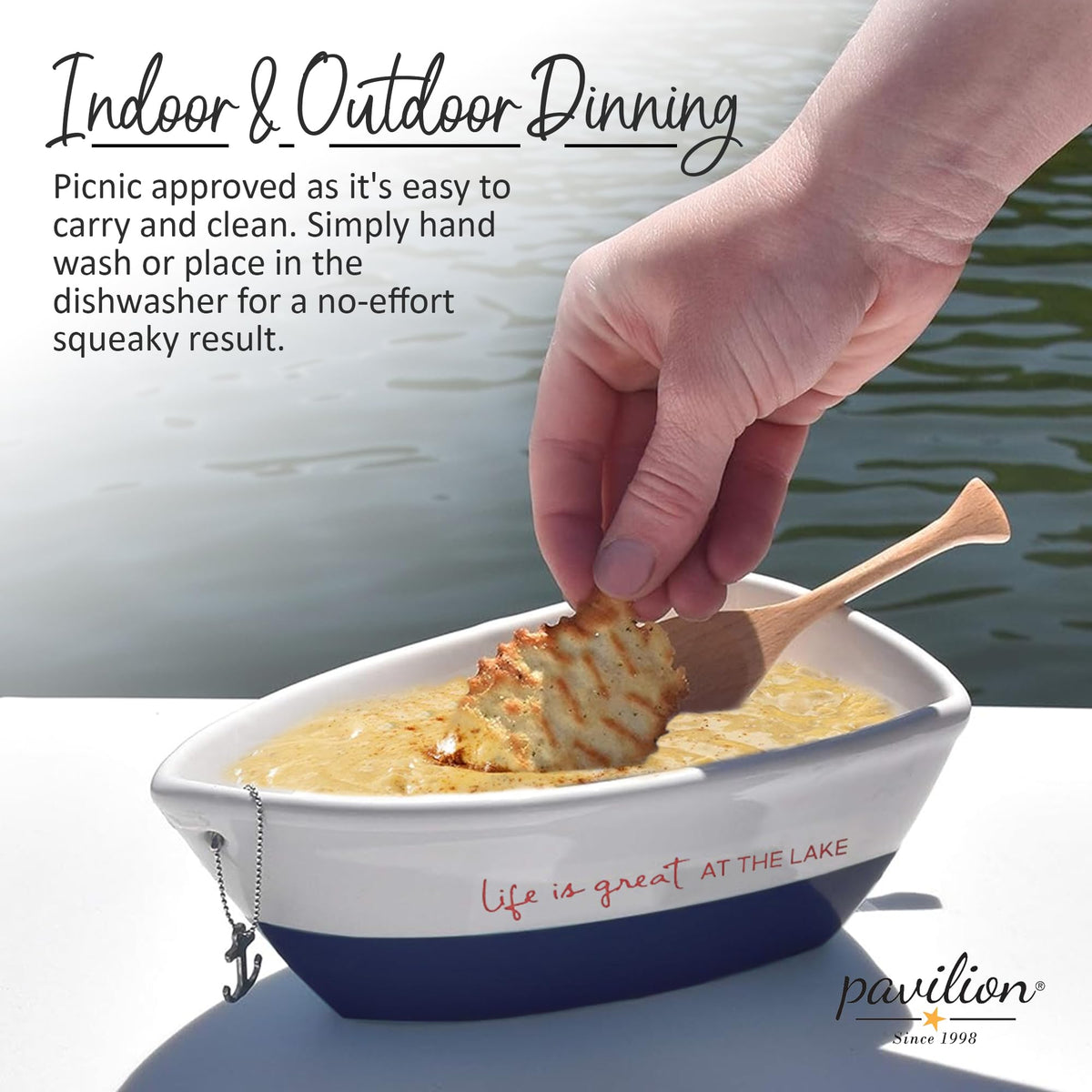 12 oz stoneware dish by Pavilion Gift Company highlighting Life Is Great At The Lake text.