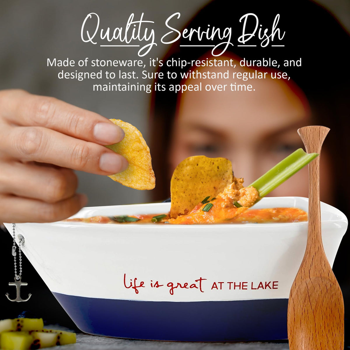 Pavilion Gift Company WP at the Lake boat dish with bamboo oar scoop for dipping and sharing.