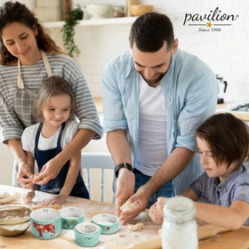 Pavilion Live Simply stackable teal cups demonstrate compact storage and easy organization
