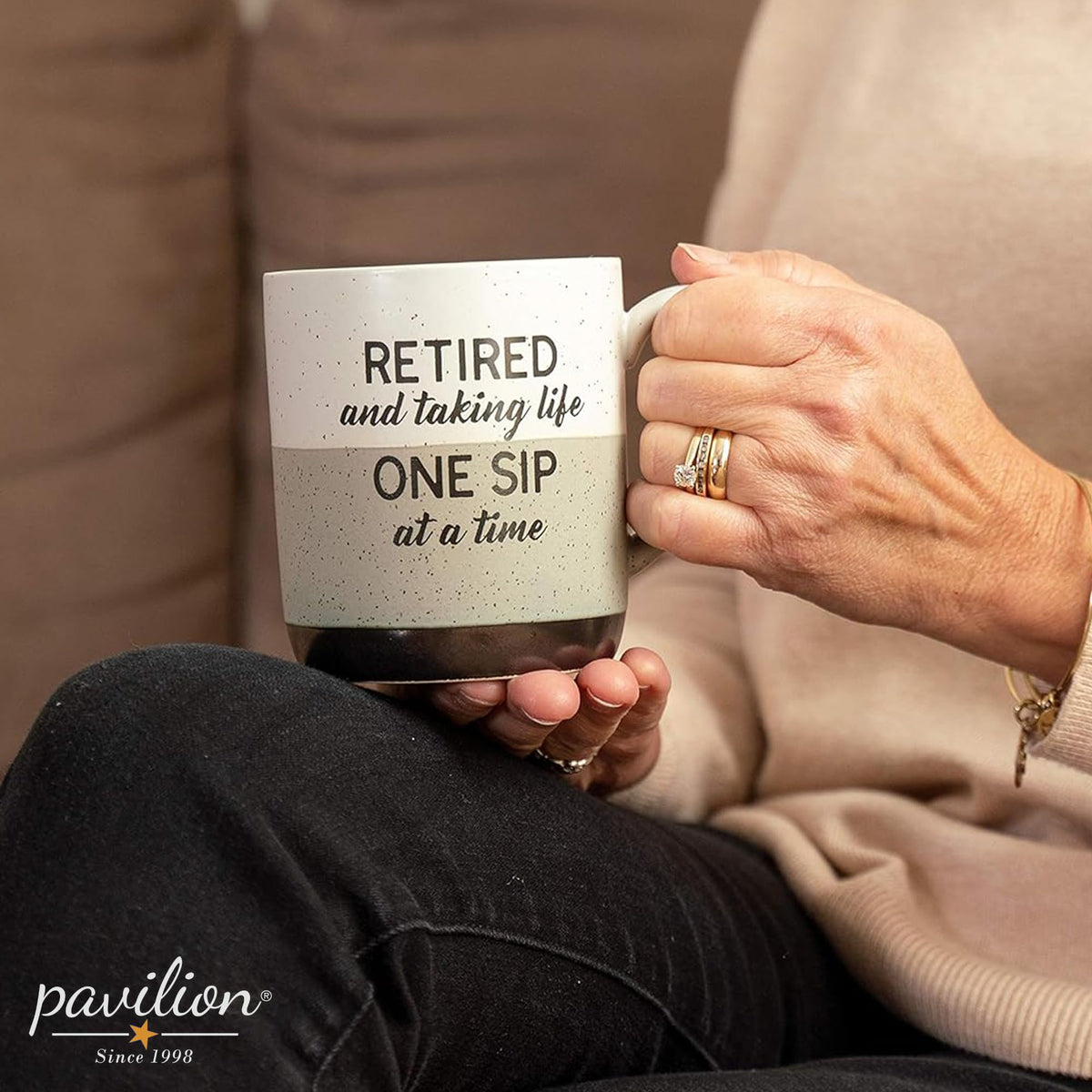 Pavilion Retirement Mug interior tan/cream tone enhances sipping experience.