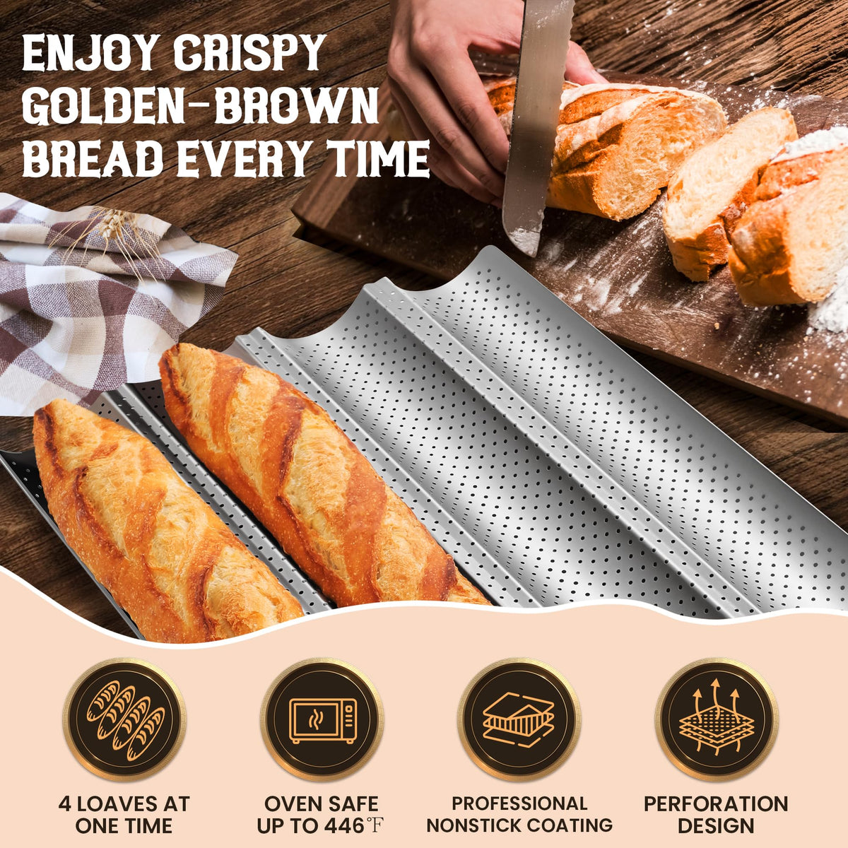 Pavsrmy Baguette Pan bottom perforations support uniform heat and crust formation.