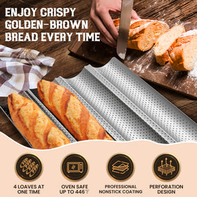 Pavsrmy Baguette Pan bottom perforations support uniform heat and crust formation.
