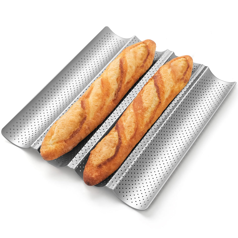 Pavsrmy Baguette Pan front view shows perforations for even browning.