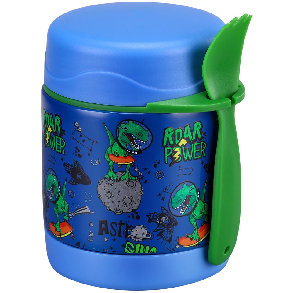 Pawtong 10oz soup thermo in blue dinosaur keeps meals warm for school lunches.