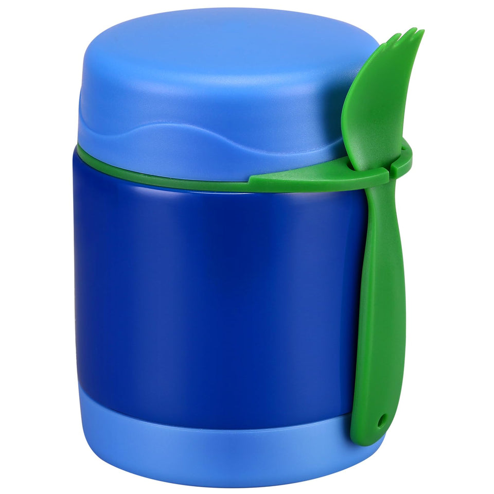 Pawtong 10oz soup thermo blue front view shows a compact kid-friendly design with solid insulation.