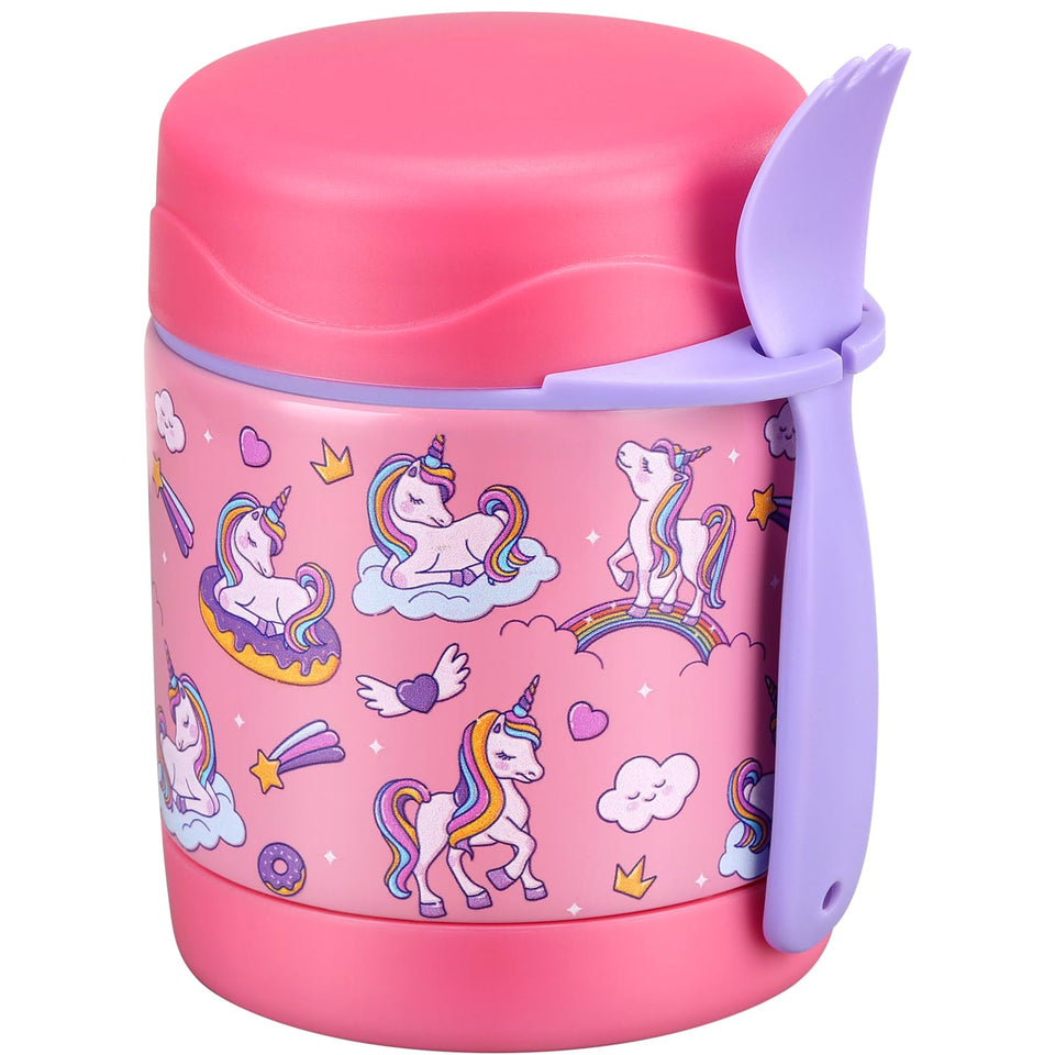 Pawtong 10oz soup thermo in pink horse design keeps kids meals warm