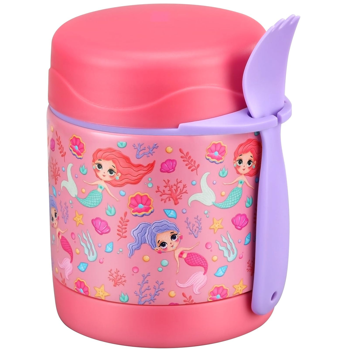 Pawtong 10oz Soup Thermo pink mermaid front view keeps meals warm or cold