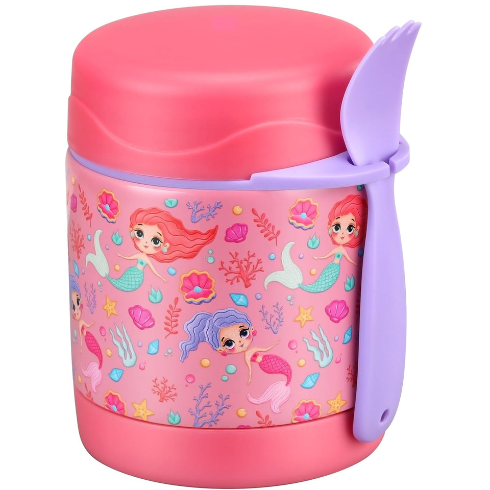 Pawtong 10oz Soup Thermo pink mermaid front view keeps meals warm or cold