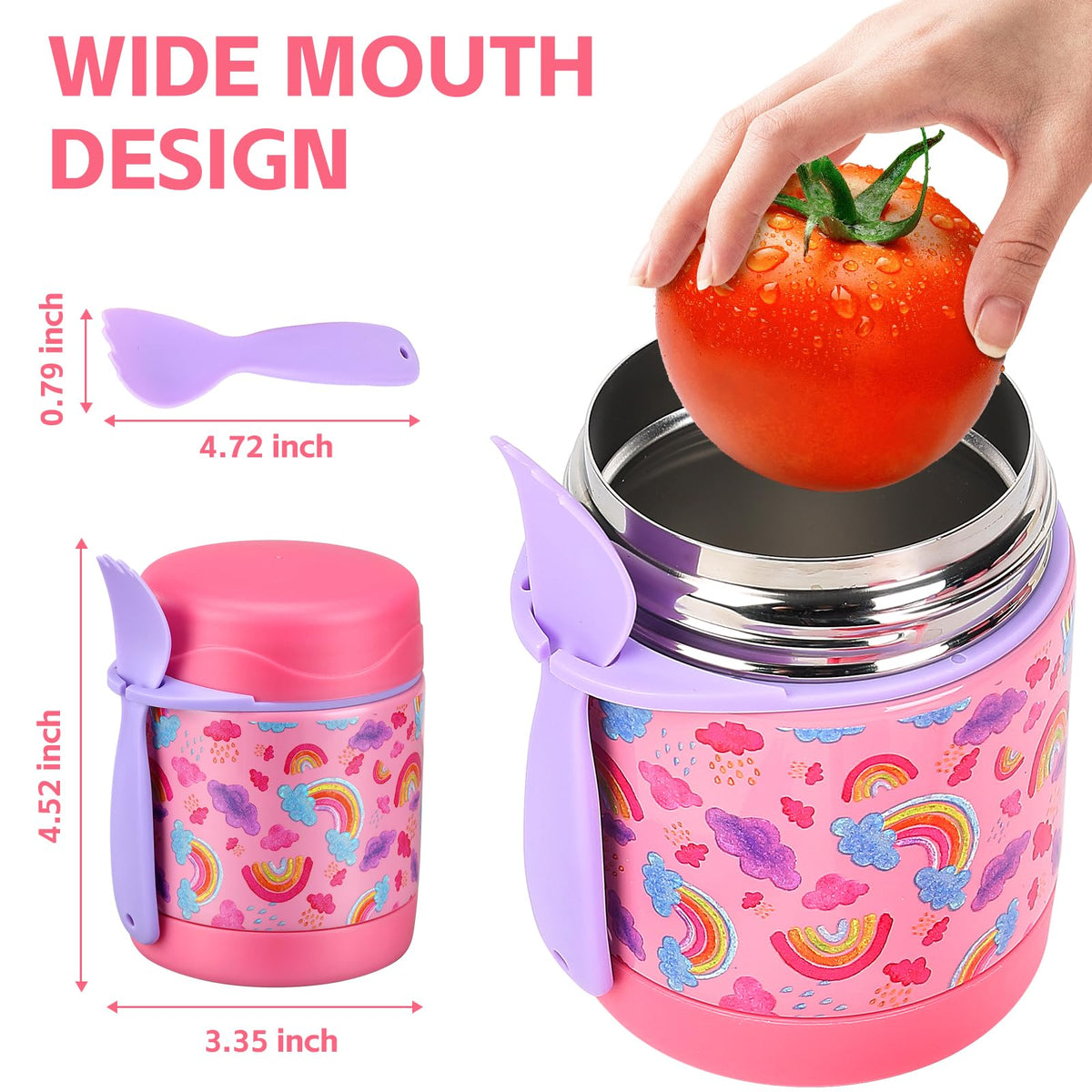 Pawtong 10oz soup thermo pink-rainbow side-view compact kid design