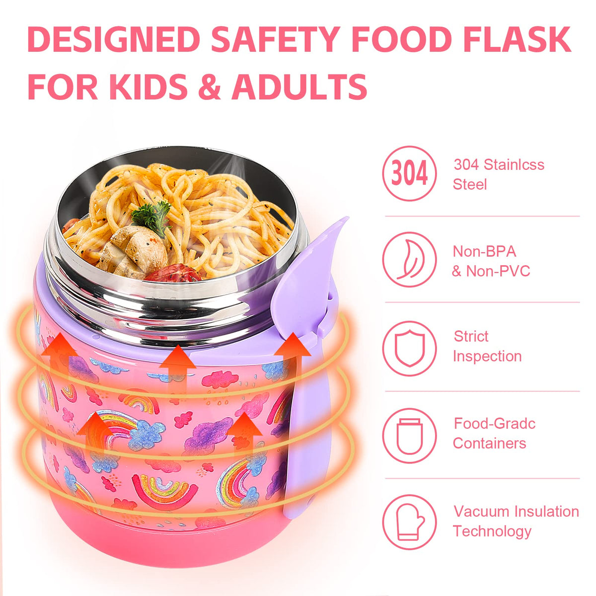 Pawtong 10oz soup thermo pink-rainbow spoon included for convenience