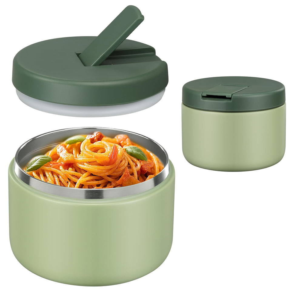 Pawtong 12oz insulated food jar with green lid, ideal for warm kid-friendly lunches