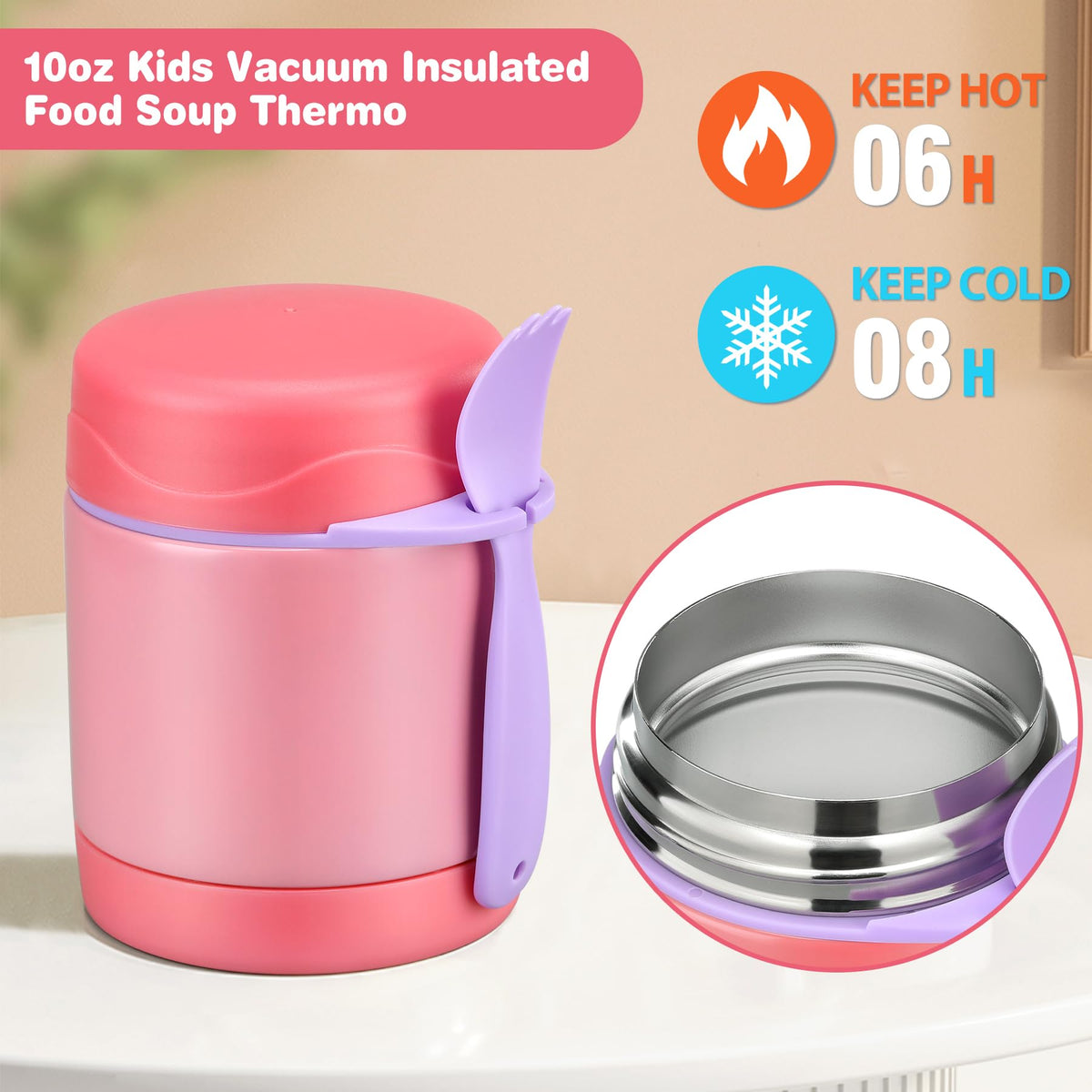 Pawtong insulated food jar pink lid open demonstrates easy access and spoon included