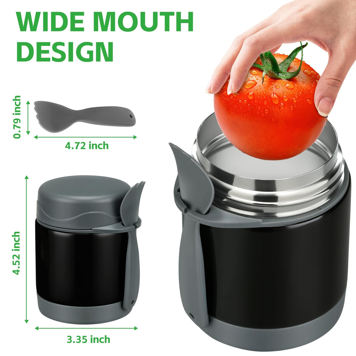 Pawtong kids lunch jar in black with spoon inside for convenient meals.