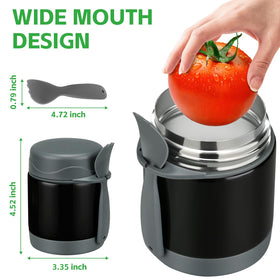 Pawtong kids lunch jar in black with spoon inside for convenient meals.