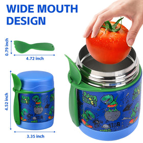 Pawtong leakproof insulated jar with blue dinosaur prevents spills in backpacks.