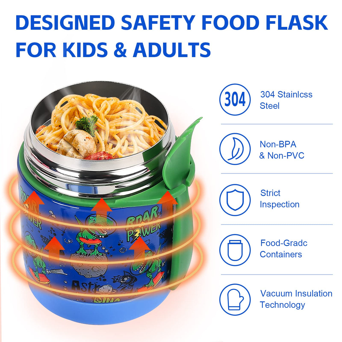 Pawtong portable kids lunch jar in blue dinosaur fits into lunch boxes.