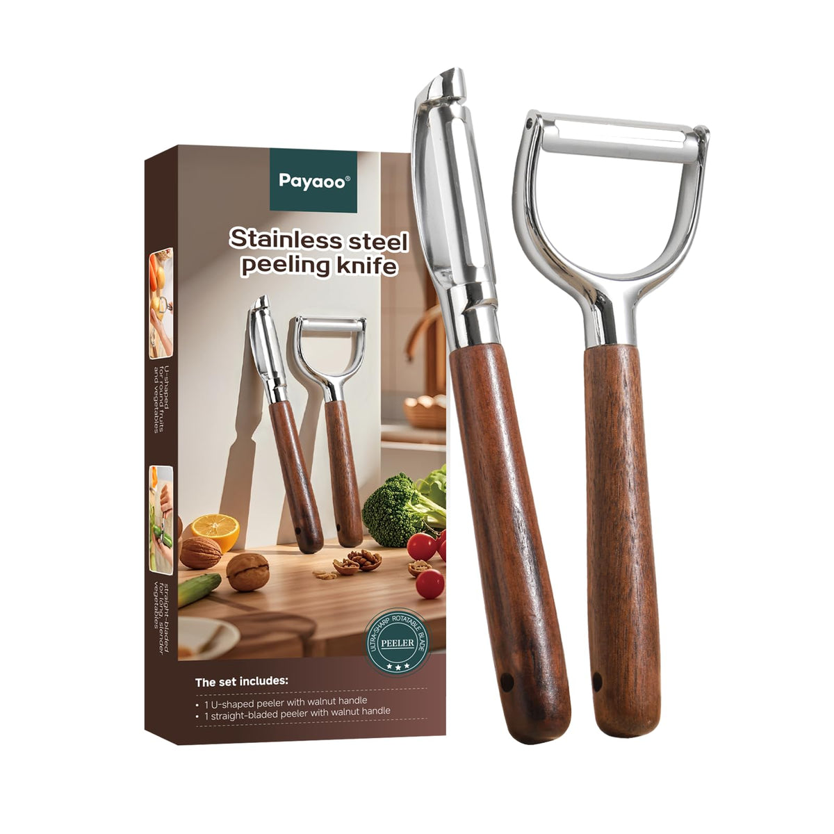 Payaoo straight peeler handle close-up for a secure grip and precise peeling.